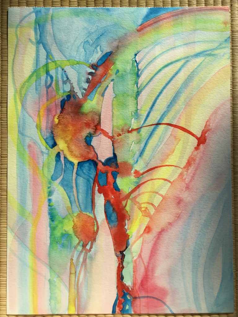 peinture intuitive abstraite verte, jaune, rouge et bleue, à l'aquarelle intitulé "Courage" de Orianne Courmes