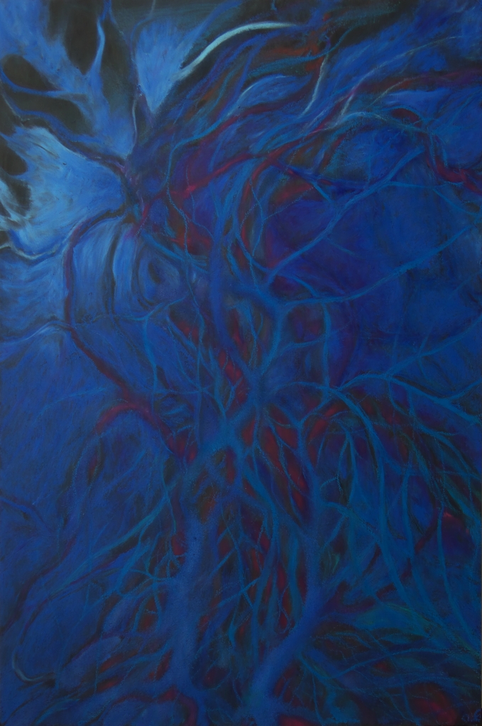peinture intuitive abstraite bleu, rouge et violet, à l'huile et pastel à l'huile intitulée "L'Arbre-Lune" de Orianne Courmes